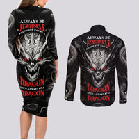 Demon Skull Couples Matching Long Sleeve Bodycon Dress and Long Sleeve Button Shirts Always be yourself unless you can be a Dragon then always be a Dragon - Wonder Print Shop
