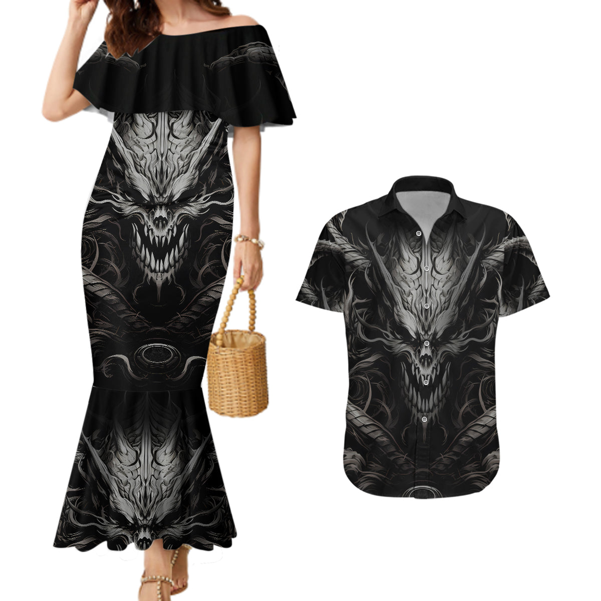 Demon Skull Couples Matching Mermaid Dress and Hawaiian Shirt Always be yourself unless you can be a Dragon then always be a Dragon - Wonder Print Shop