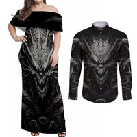 Demon Skull Couples Matching Off Shoulder Maxi Dress and Long Sleeve Button Shirts Always be yourself unless you can be a Dragon then always be a Dragon - Wonder Print Shop