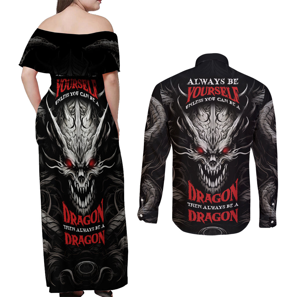 Demon Skull Couples Matching Off Shoulder Maxi Dress and Long Sleeve Button Shirts Always be yourself unless you can be a Dragon then always be a Dragon - Wonder Print Shop