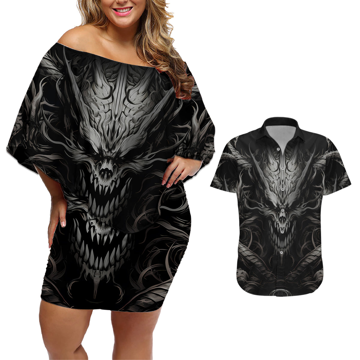 Demon Skull Couples Matching Off Shoulder Short Dress and Hawaiian Shirt Always be yourself unless you can be a Dragon then always be a Dragon - Wonder Print Shop