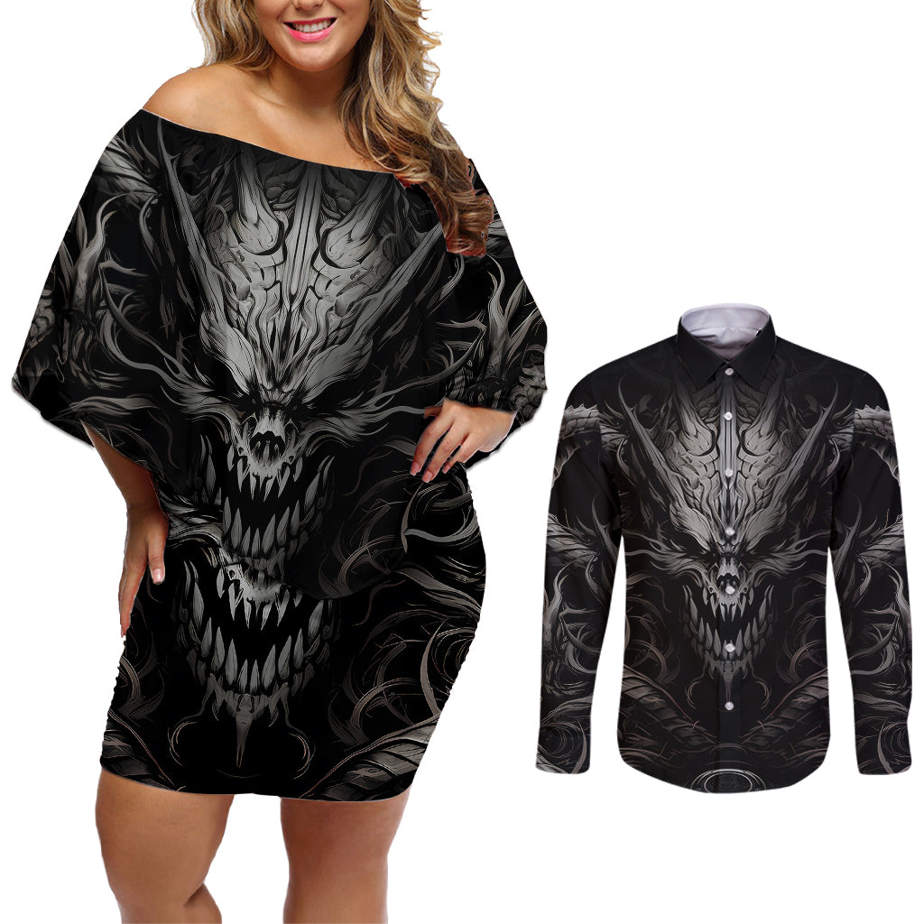 Demon Skull Couples Matching Off Shoulder Short Dress and Long Sleeve Button Shirts Always be yourself unless you can be a Dragon then always be a Dragon - Wonder Print Shop
