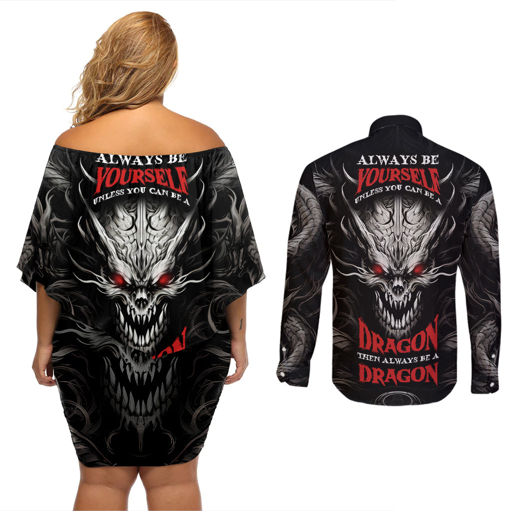 Demon Skull Couples Matching Off Shoulder Short Dress and Long Sleeve Button Shirts Always be yourself unless you can be a Dragon then always be a Dragon - Wonder Print Shop