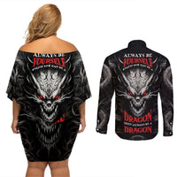 Demon Skull Couples Matching Off Shoulder Short Dress and Long Sleeve Button Shirts Always be yourself unless you can be a Dragon then always be a Dragon - Wonder Print Shop