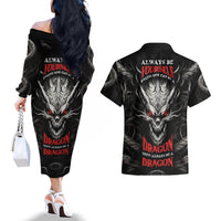 Demon Skull Couples Matching Off The Shoulder Long Sleeve Dress and Hawaiian Shirt Always be yourself unless you can be a Dragon then always be a Dragon - Wonder Print Shop