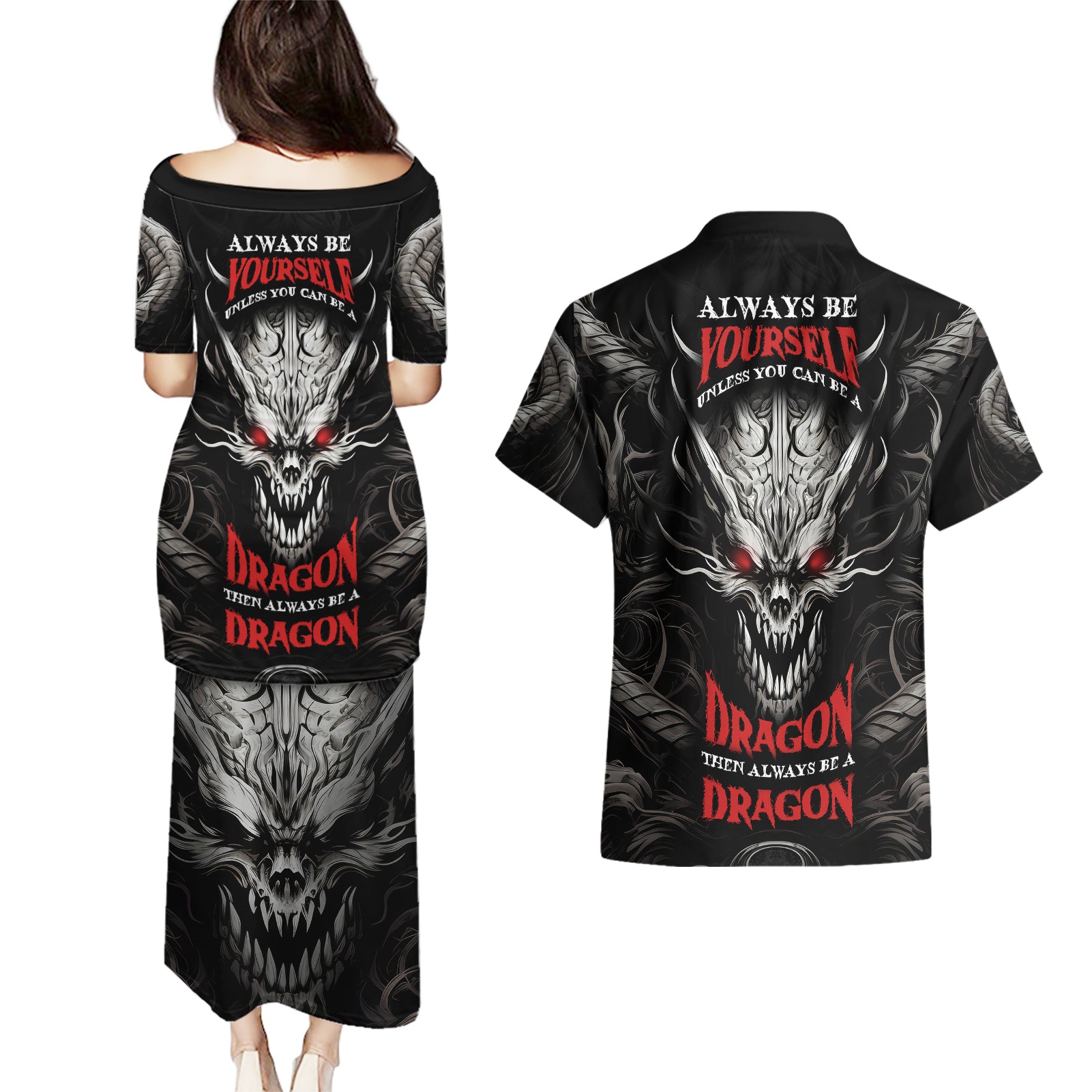 Demon Skull Couples Matching Puletasi Dress and Hawaiian Shirt Always be yourself unless you can be a Dragon then always be a Dragon - Wonder Print Shop