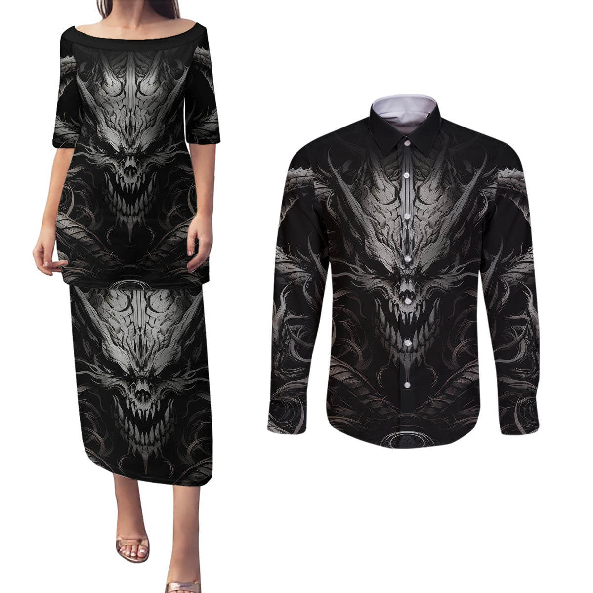 Demon Skull Couples Matching Puletasi Dress and Long Sleeve Button Shirts Always be yourself unless you can be a Dragon then always be a Dragon - Wonder Print Shop