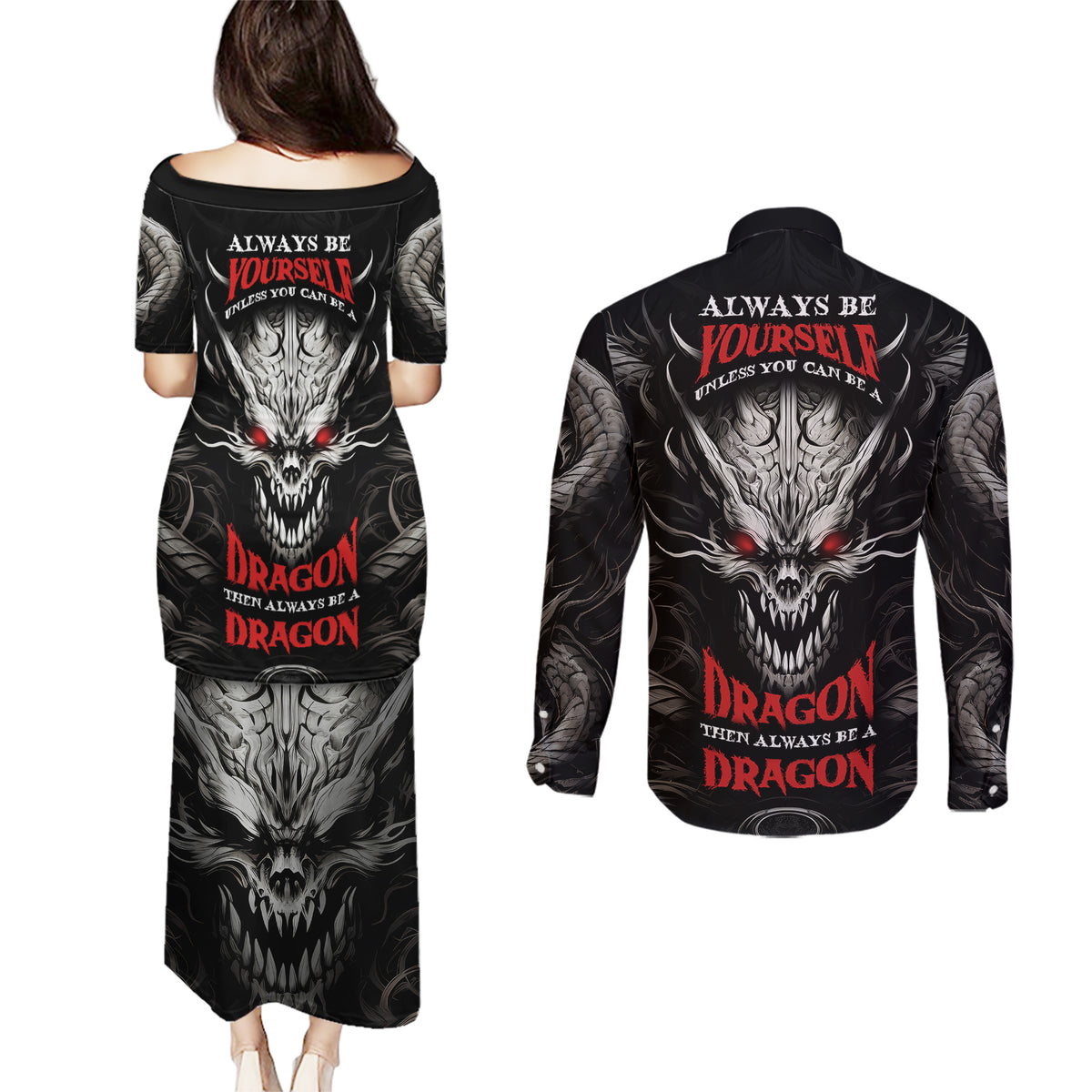 Demon Skull Couples Matching Puletasi Dress and Long Sleeve Button Shirts Always be yourself unless you can be a Dragon then always be a Dragon - Wonder Print Shop