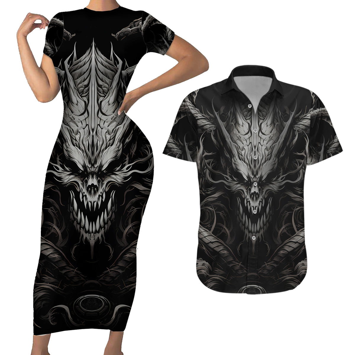Demon Skull Couples Matching Short Sleeve Bodycon Dress and Hawaiian Shirt Always be yourself unless you can be a Dragon then always be a Dragon - Wonder Print Shop