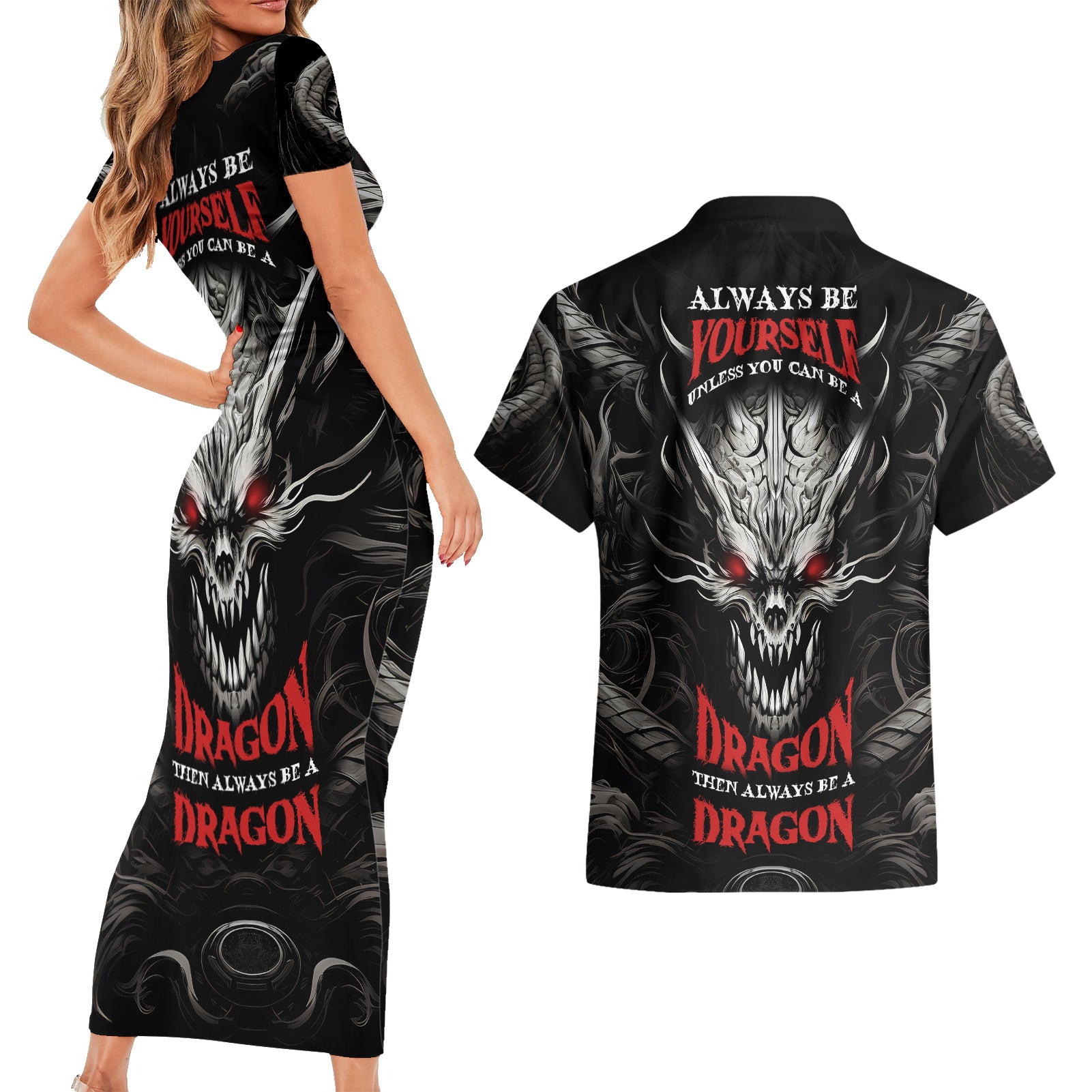 Demon Skull Couples Matching Short Sleeve Bodycon Dress and Hawaiian Shirt Always be yourself unless you can be a Dragon then always be a Dragon - Wonder Print Shop