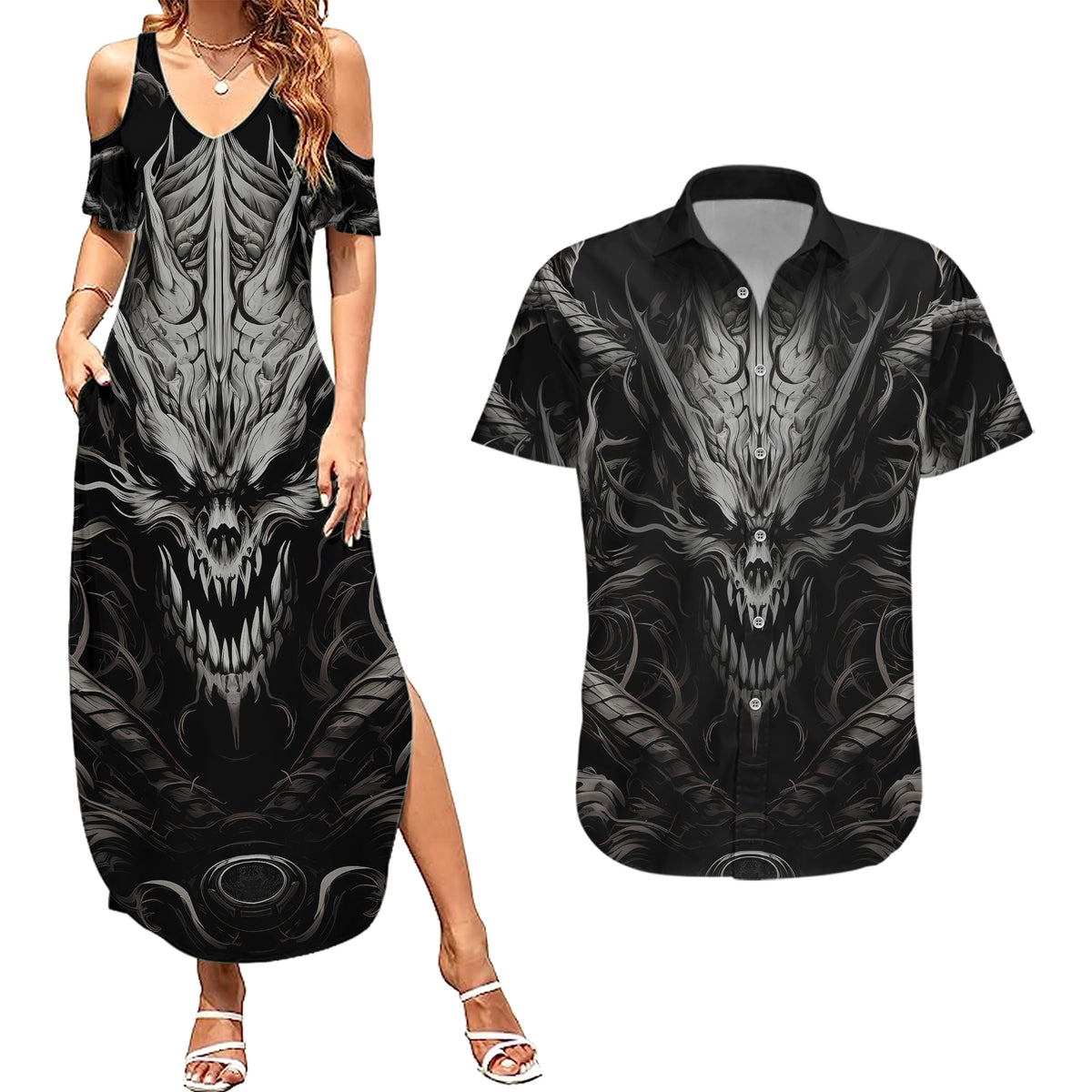 Demon Skull Couples Matching Summer Maxi Dress and Hawaiian Shirt Always be yourself unless you can be a Dragon then always be a Dragon - Wonder Print Shop