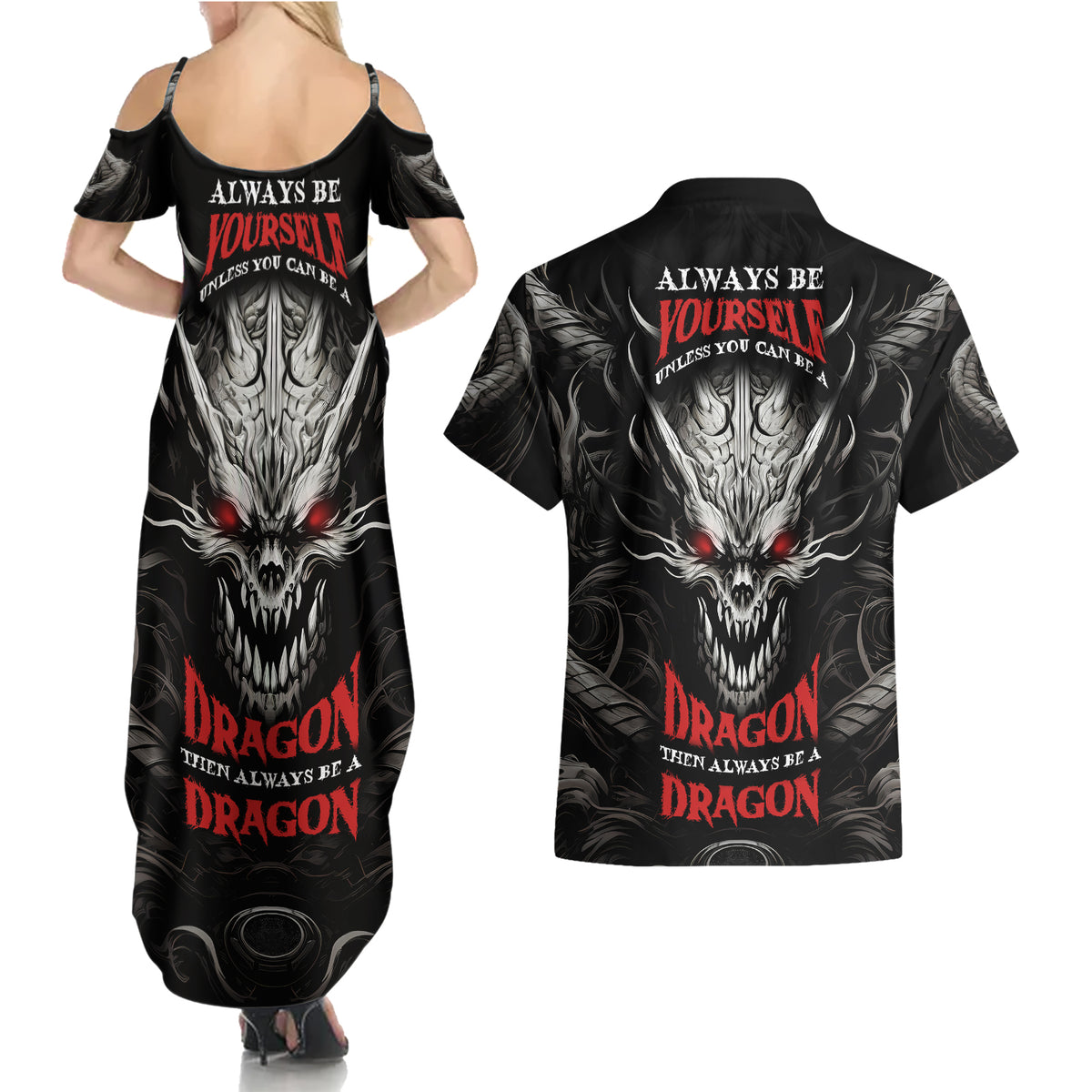 Demon Skull Couples Matching Summer Maxi Dress and Hawaiian Shirt Always be yourself unless you can be a Dragon then always be a Dragon - Wonder Print Shop