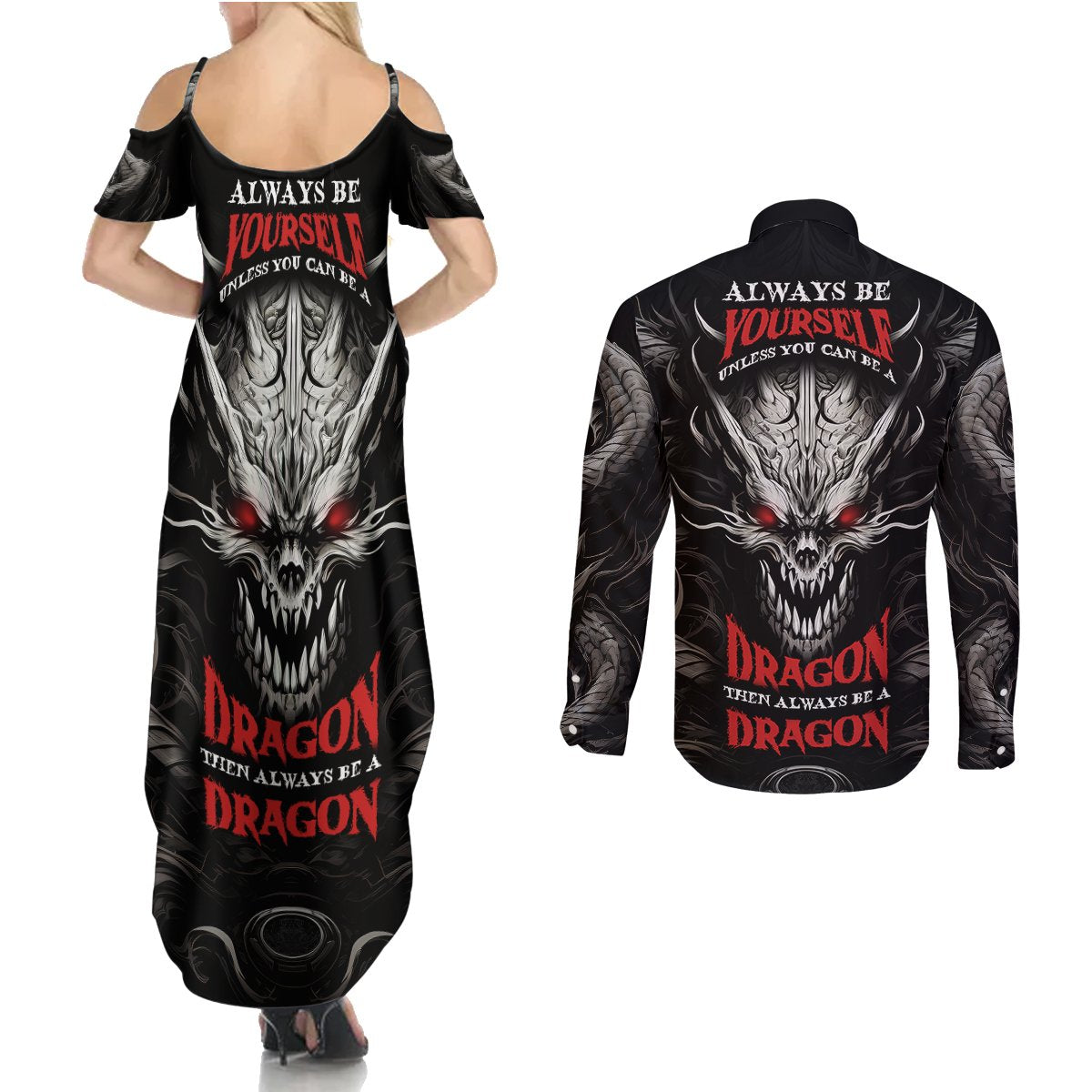 Demon Skull Couples Matching Summer Maxi Dress and Long Sleeve Button Shirts Always be yourself unless you can be a Dragon then always be a Dragon - Wonder Print Shop
