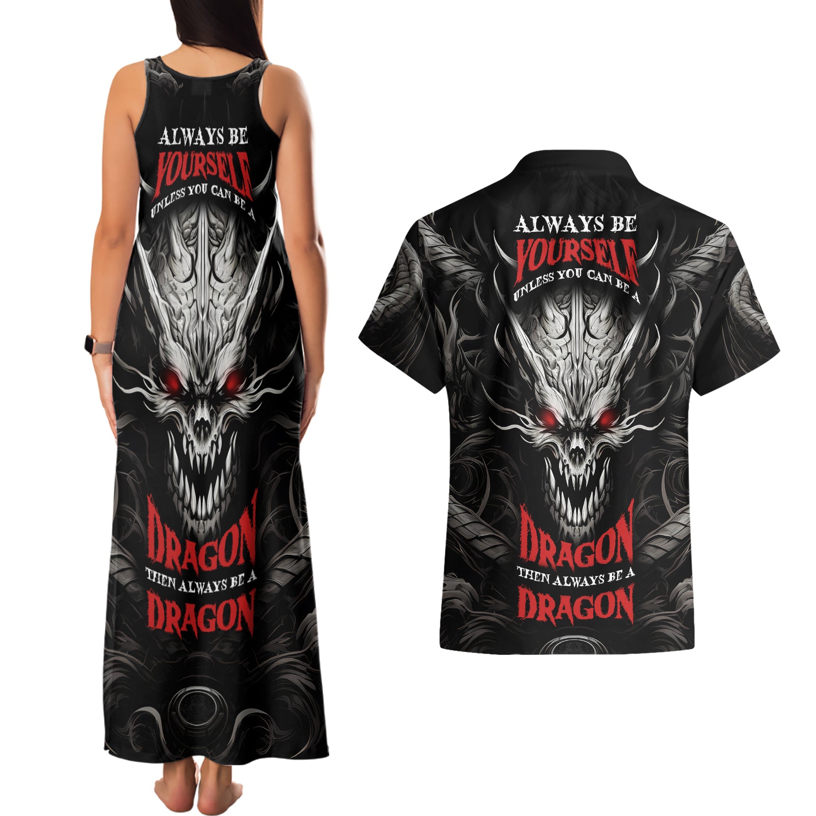 Demon Skull Couples Matching Tank Maxi Dress and Hawaiian Shirt Always be yourself unless you can be a Dragon then always be a Dragon - Wonder Print Shop