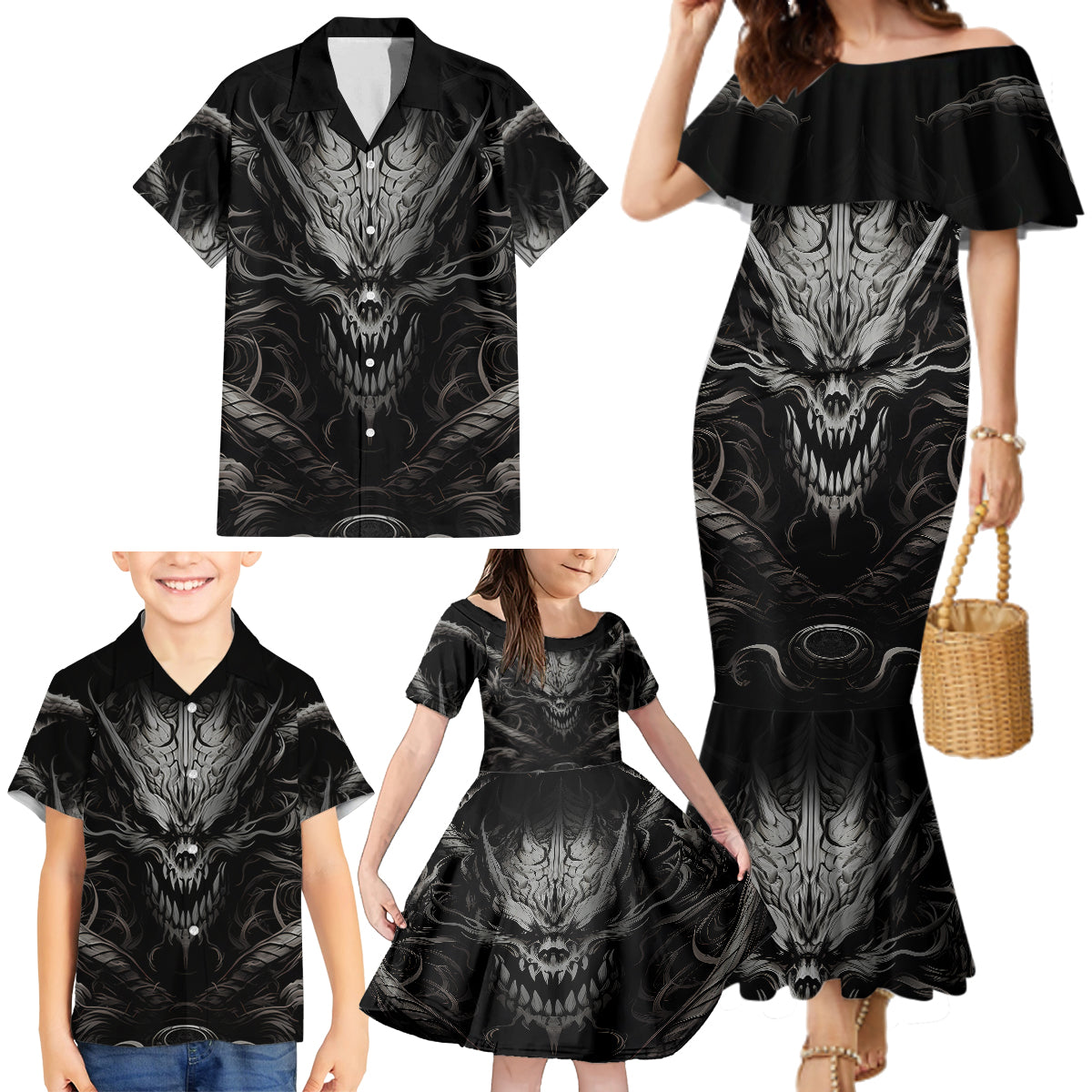 Demon Skull Family Matching Mermaid Dress and Hawaiian Shirt Always be yourself unless you can be a Dragon then always be a Dragon - Wonder Print Shop
