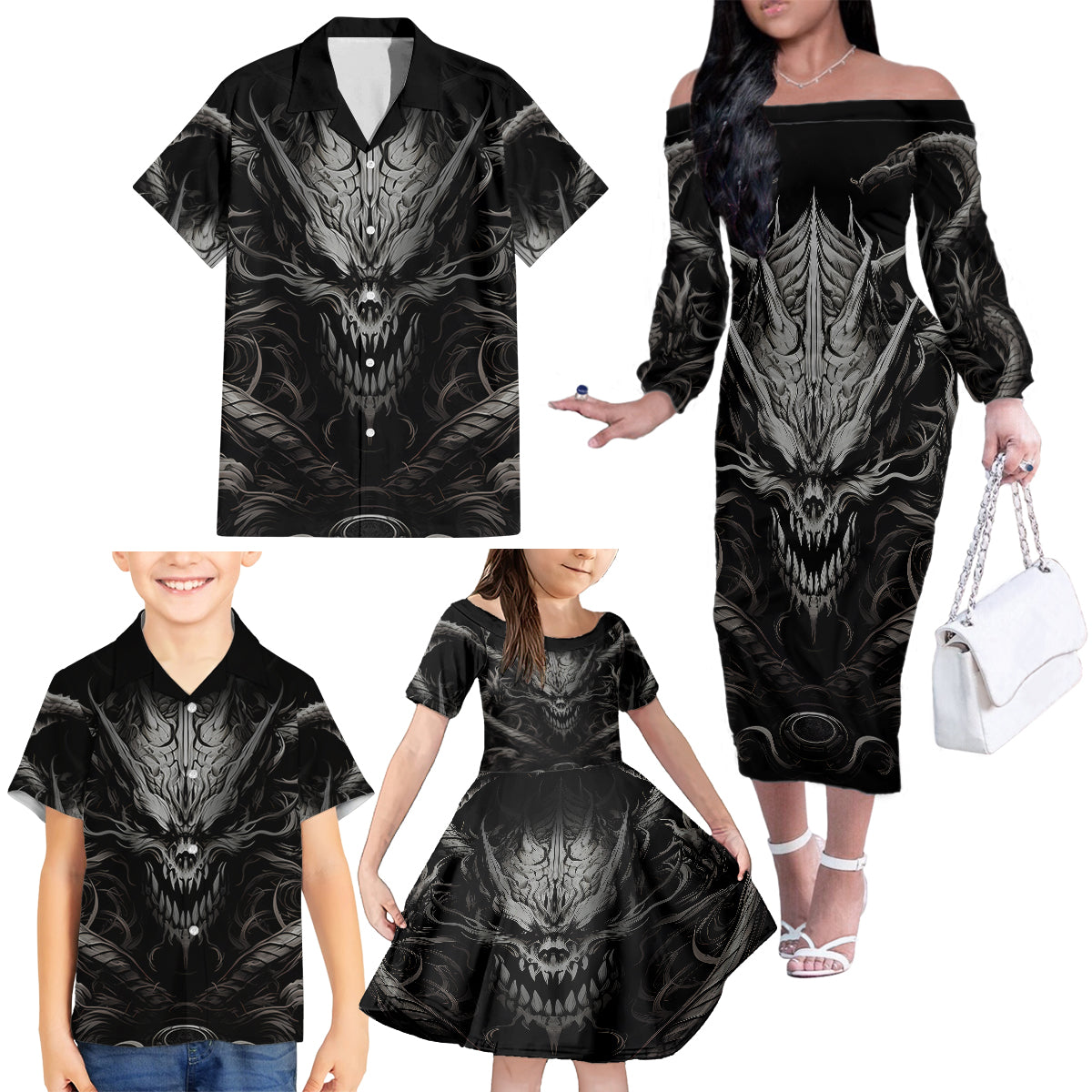 Demon Skull Family Matching Off Shoulder Long Sleeve Dress and Hawaiian Shirt Always be yourself unless you can be a Dragon then always be a Dragon - Wonder Print Shop
