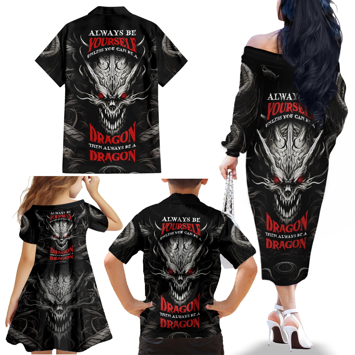 Demon Skull Family Matching Off Shoulder Long Sleeve Dress and Hawaiian Shirt Always be yourself unless you can be a Dragon then always be a Dragon - Wonder Print Shop