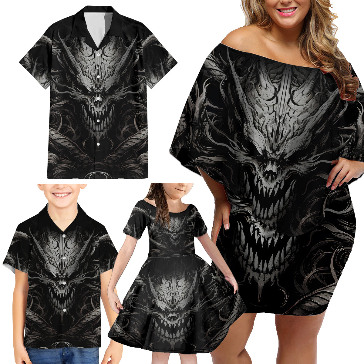 Demon Skull Family Matching Off Shoulder Short Dress and Hawaiian Shirt Always be yourself unless you can be a Dragon then always be a Dragon - Wonder Print Shop