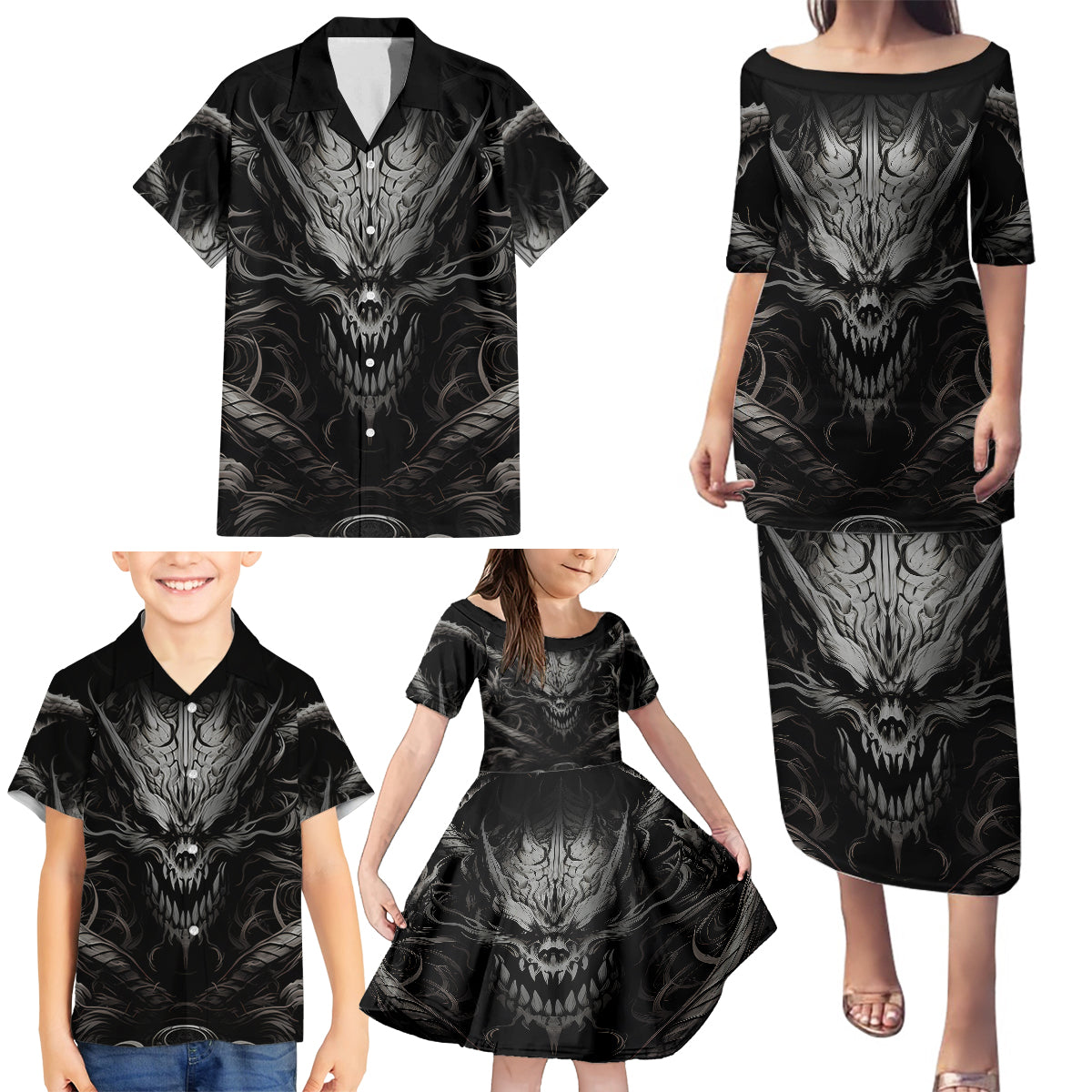 Demon Skull Family Matching Puletasi Dress and Hawaiian Shirt Always be yourself unless you can be a Dragon then always be a Dragon - Wonder Print Shop