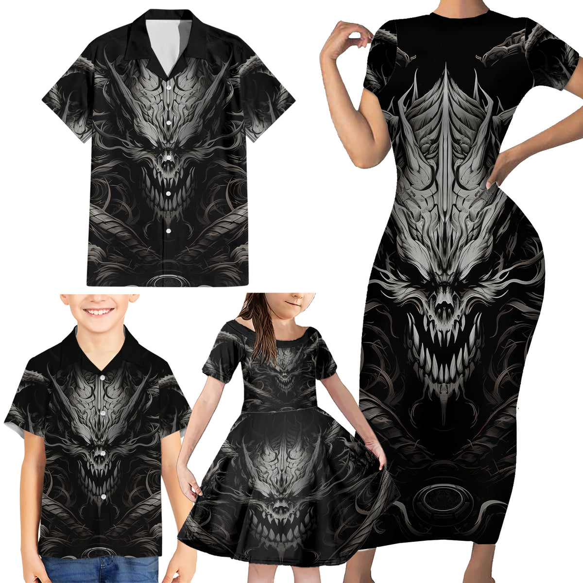 Demon Skull Family Matching Short Sleeve Bodycon Dress and Hawaiian Shirt Always be yourself unless you can be a Dragon then always be a Dragon - Wonder Print Shop