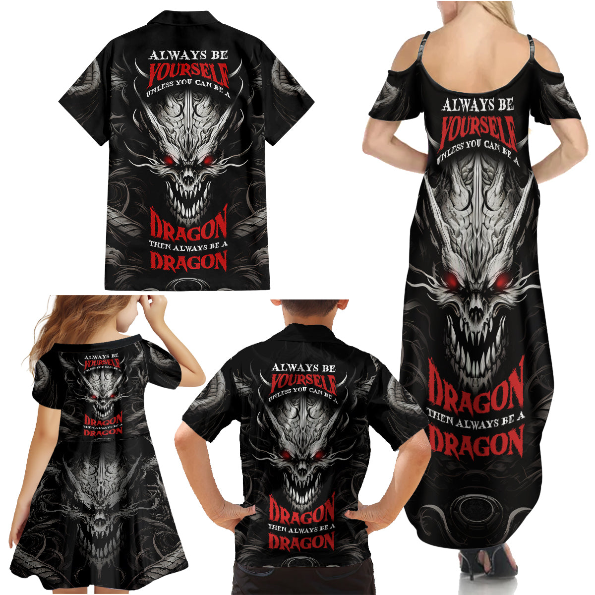 Demon Skull Family Matching Summer Maxi Dress and Hawaiian Shirt Always be yourself unless you can be a Dragon then always be a Dragon - Wonder Print Shop