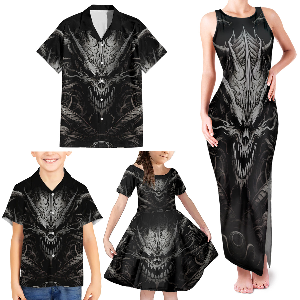 Demon Skull Family Matching Tank Maxi Dress and Hawaiian Shirt Always be yourself unless you can be a Dragon then always be a Dragon - Wonder Print Shop