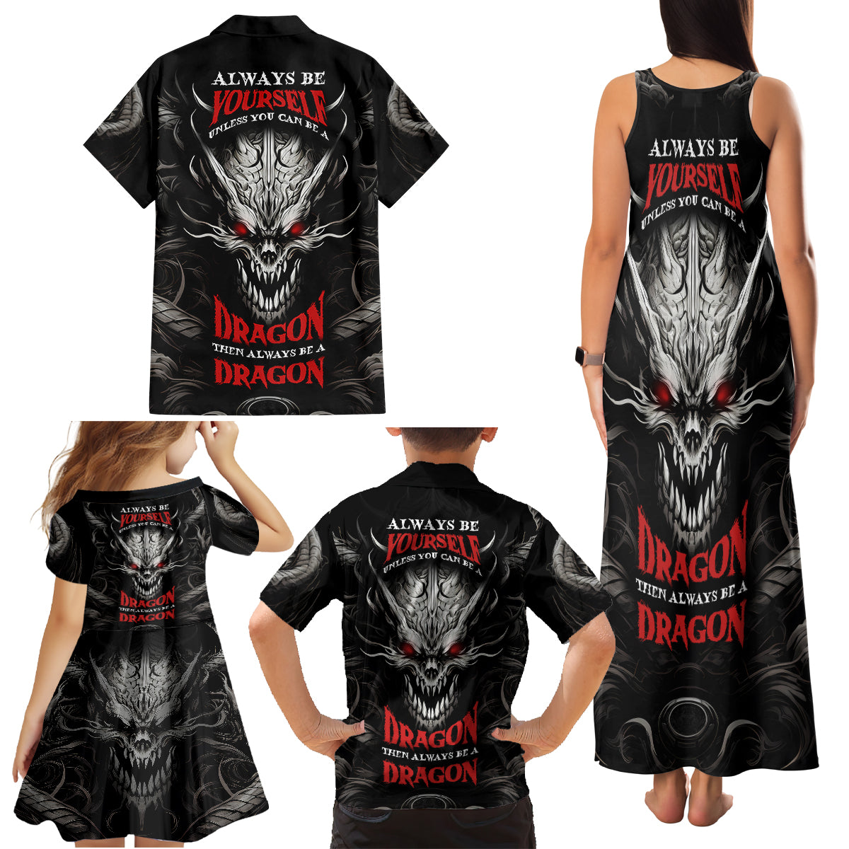 Demon Skull Family Matching Tank Maxi Dress and Hawaiian Shirt Always be yourself unless you can be a Dragon then always be a Dragon - Wonder Print Shop