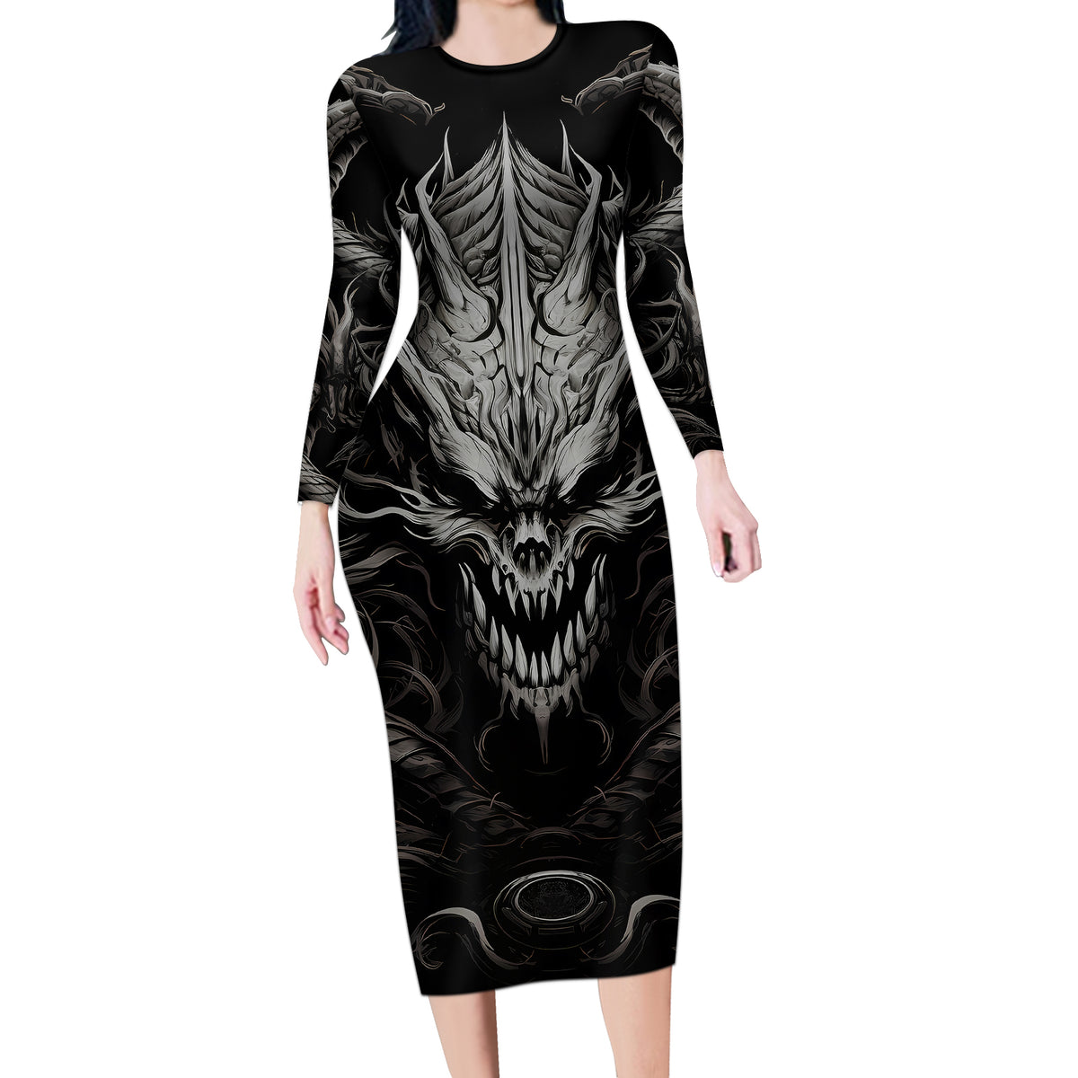 Demon Skull Long Sleeve Bodycon Dress Always be yourself unless you can be a Dragon then always be a Dragon - Wonder Print Shop