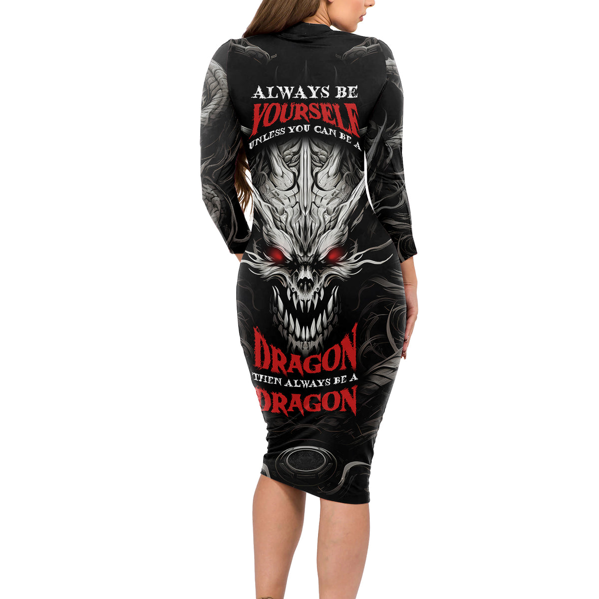 Demon Skull Long Sleeve Bodycon Dress Always be yourself unless you can be a Dragon then always be a Dragon - Wonder Print Shop