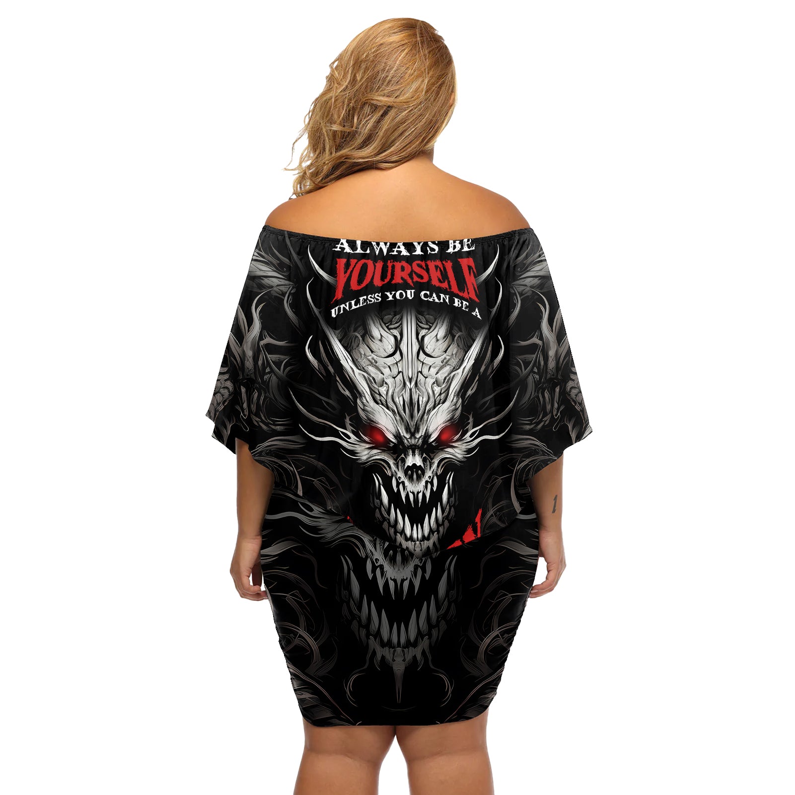Demon Skull Off Shoulder Short Dress Always be yourself unless you can be a Dragon then always be a Dragon - Wonder Print Shop