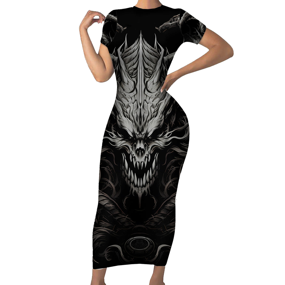 Demon Skull Short Sleeve Bodycon Dress Always be yourself unless you can be a Dragon then always be a Dragon - Wonder Print Shop