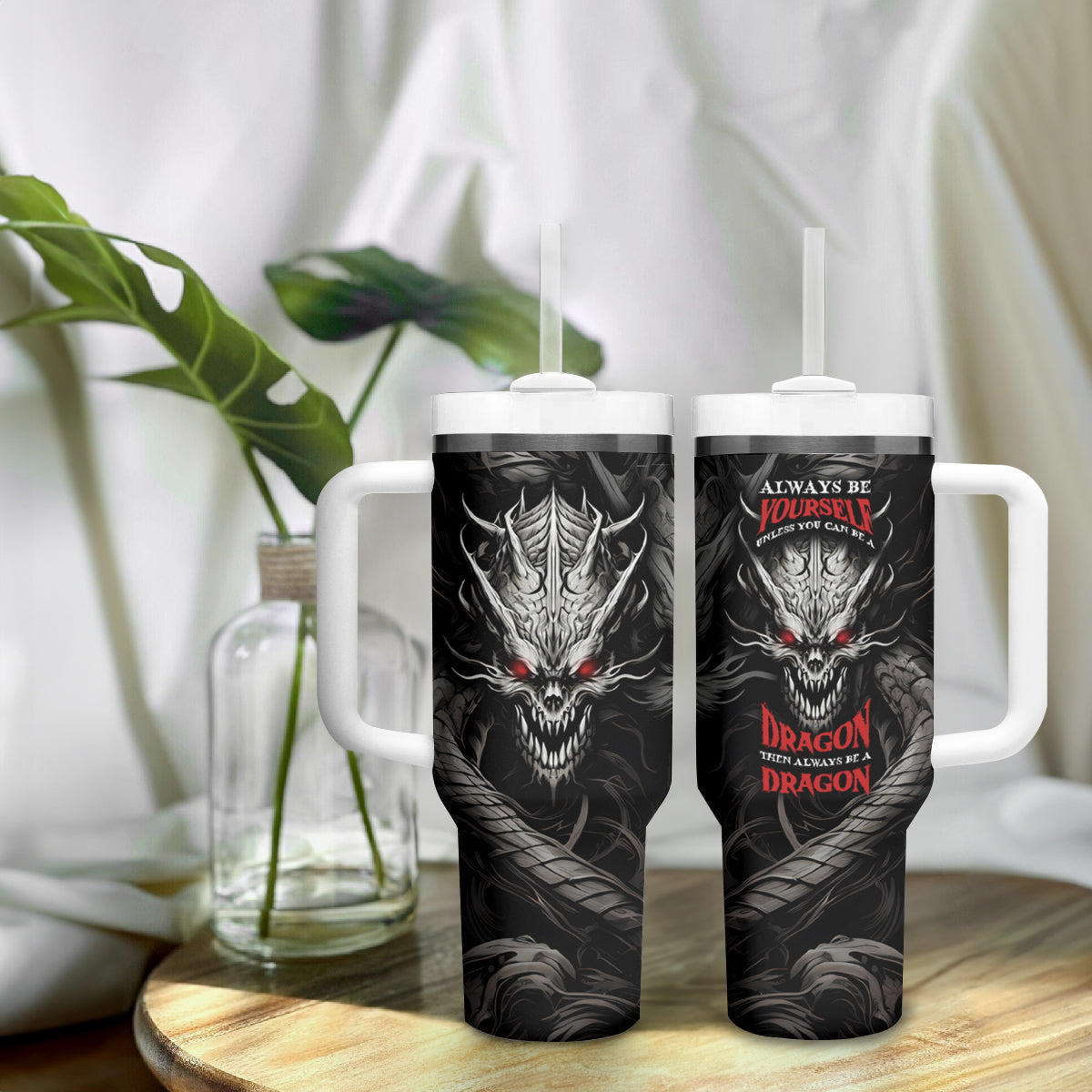 Demon Skull Tumbler With Handle Always be yourself unless you can be a Dragon then always be a Dragon - Wonder Print Shop