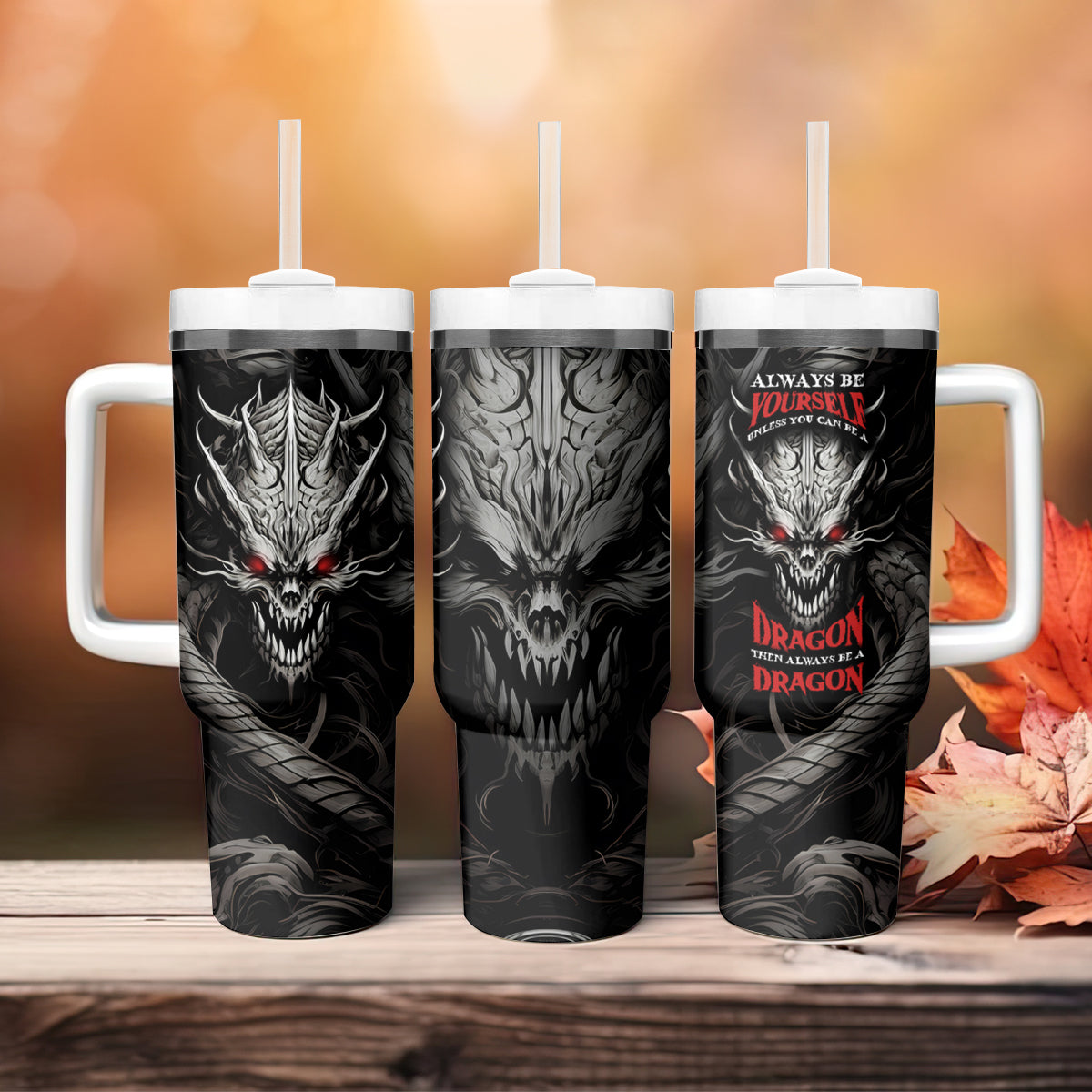 Demon Skull Tumbler With Handle Always be yourself unless you can be a Dragon then always be a Dragon - Wonder Print Shop