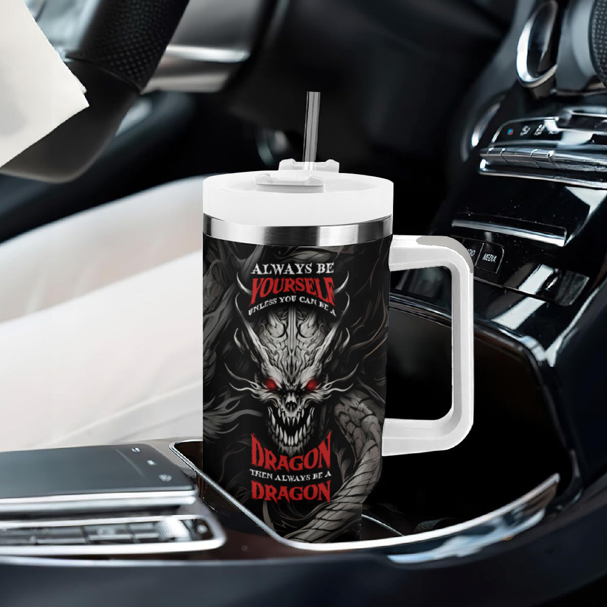 Demon Skull Tumbler With Handle Always be yourself unless you can be a Dragon then always be a Dragon - Wonder Print Shop