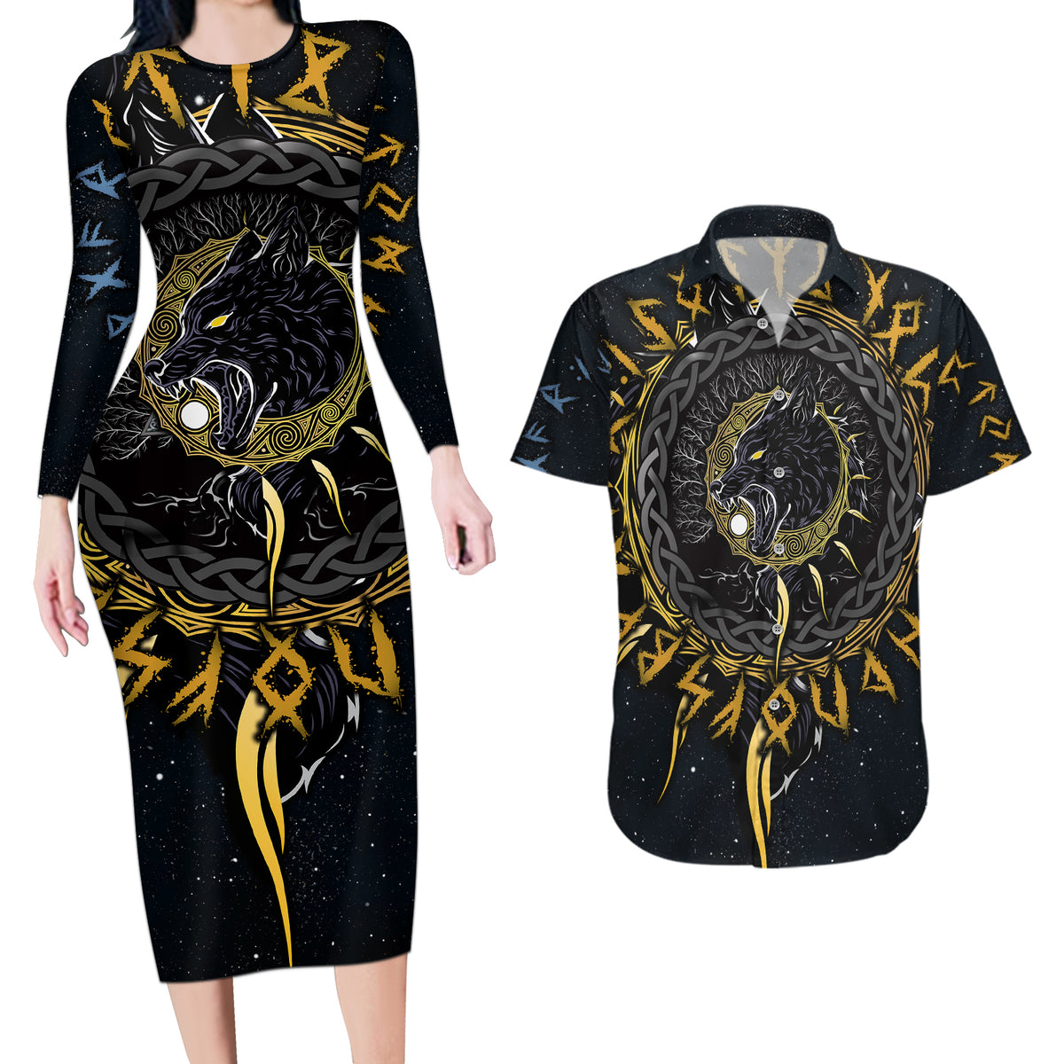 Skoll and Hati Viking Wolfs Couples Matching Long Sleeve Bodycon Dress and Hawaiian Shirt - Wonder Print Shop