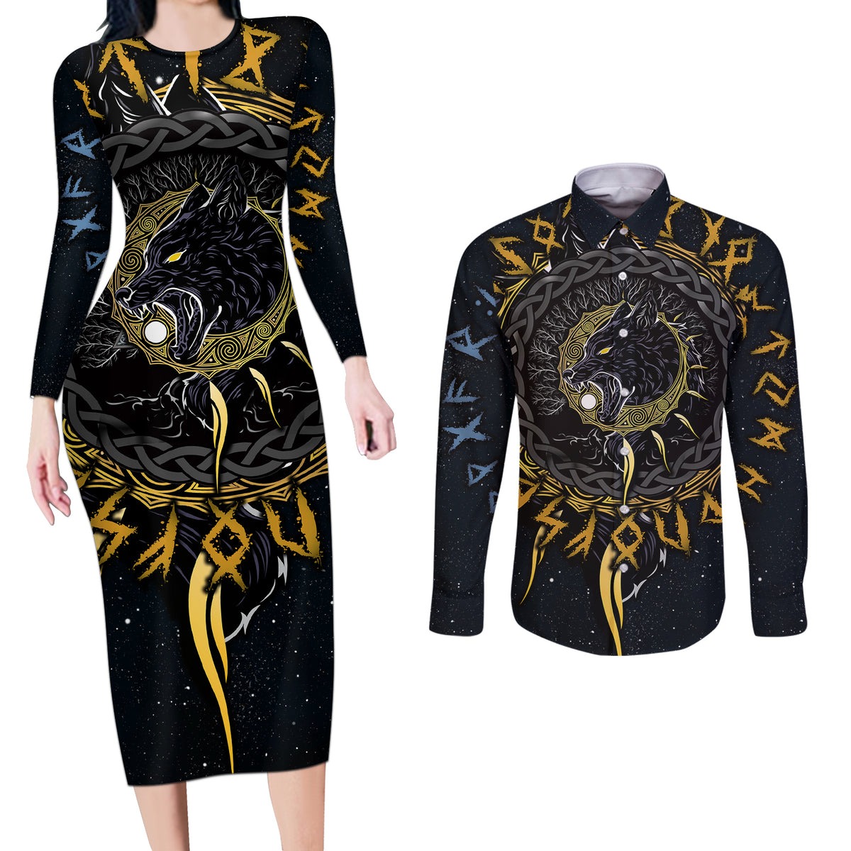 Skoll and Hati Viking Wolfs Couples Matching Long Sleeve Bodycon Dress and Long Sleeve Button Shirts - Wonder Print Shop