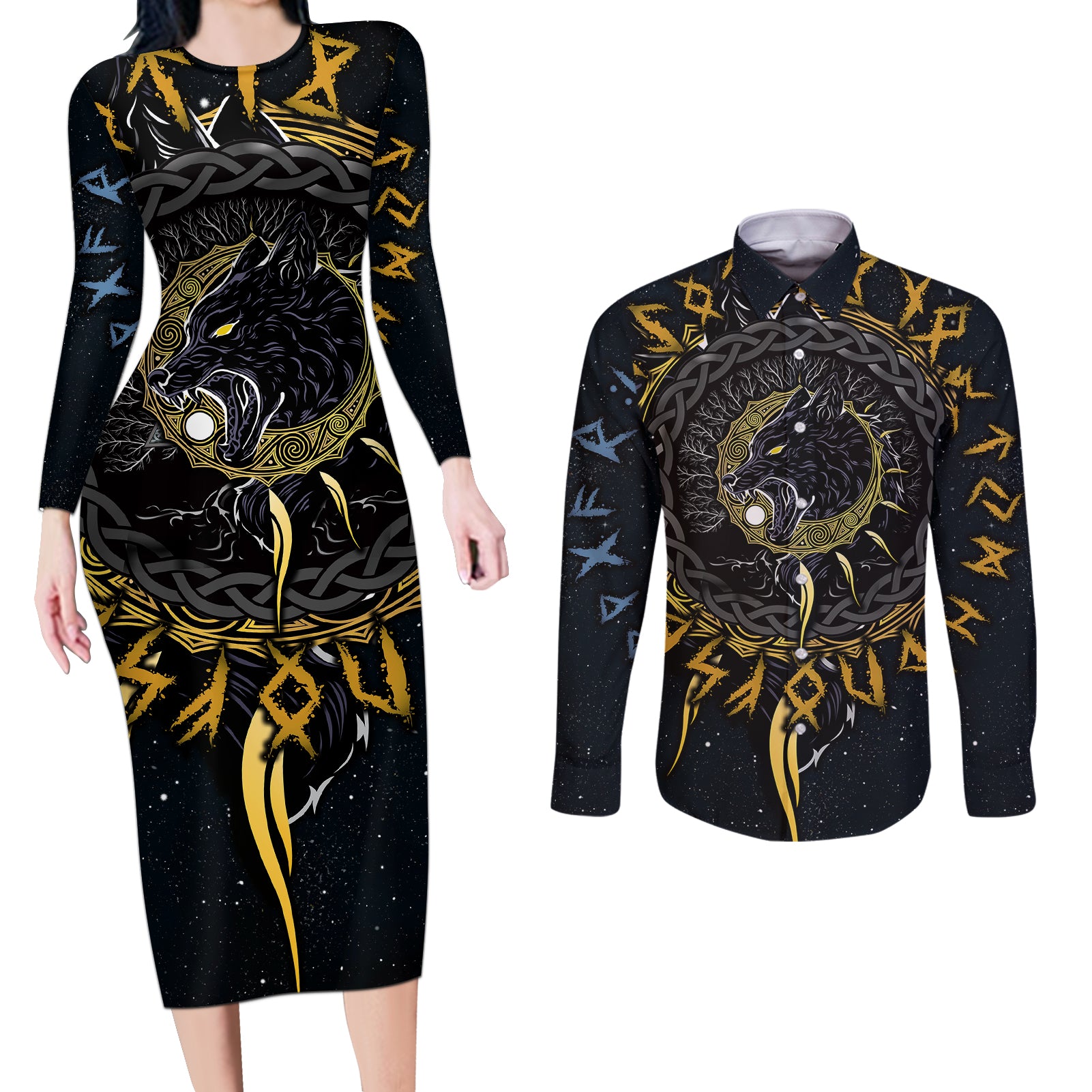 Skoll and Hati Viking Wolfs Couples Matching Long Sleeve Bodycon Dress and Long Sleeve Button Shirts - Wonder Print Shop