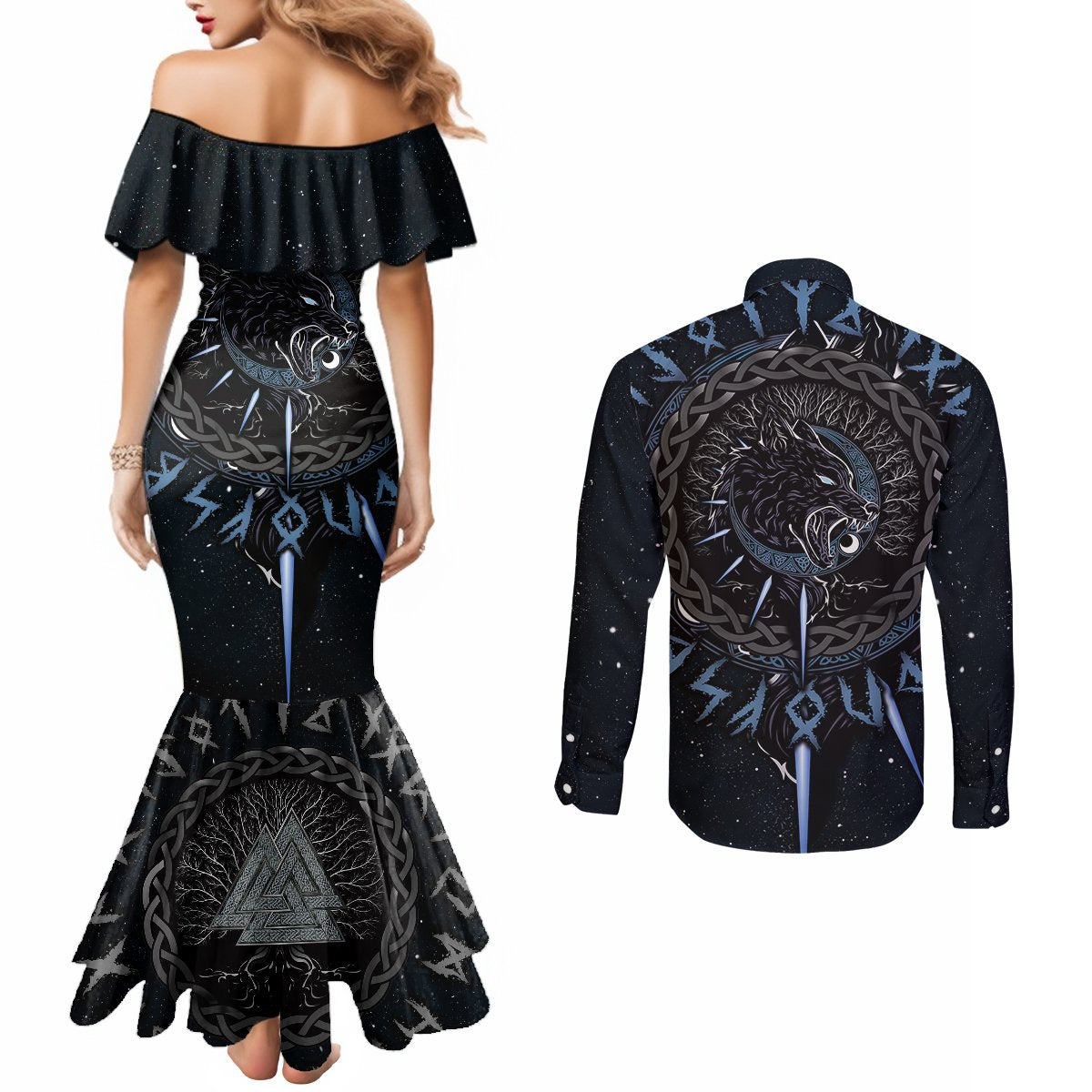 skoll-and-hati-viking-wolfs-couples-matching-mermaid-dress-and-long-sleeve-button-shirts