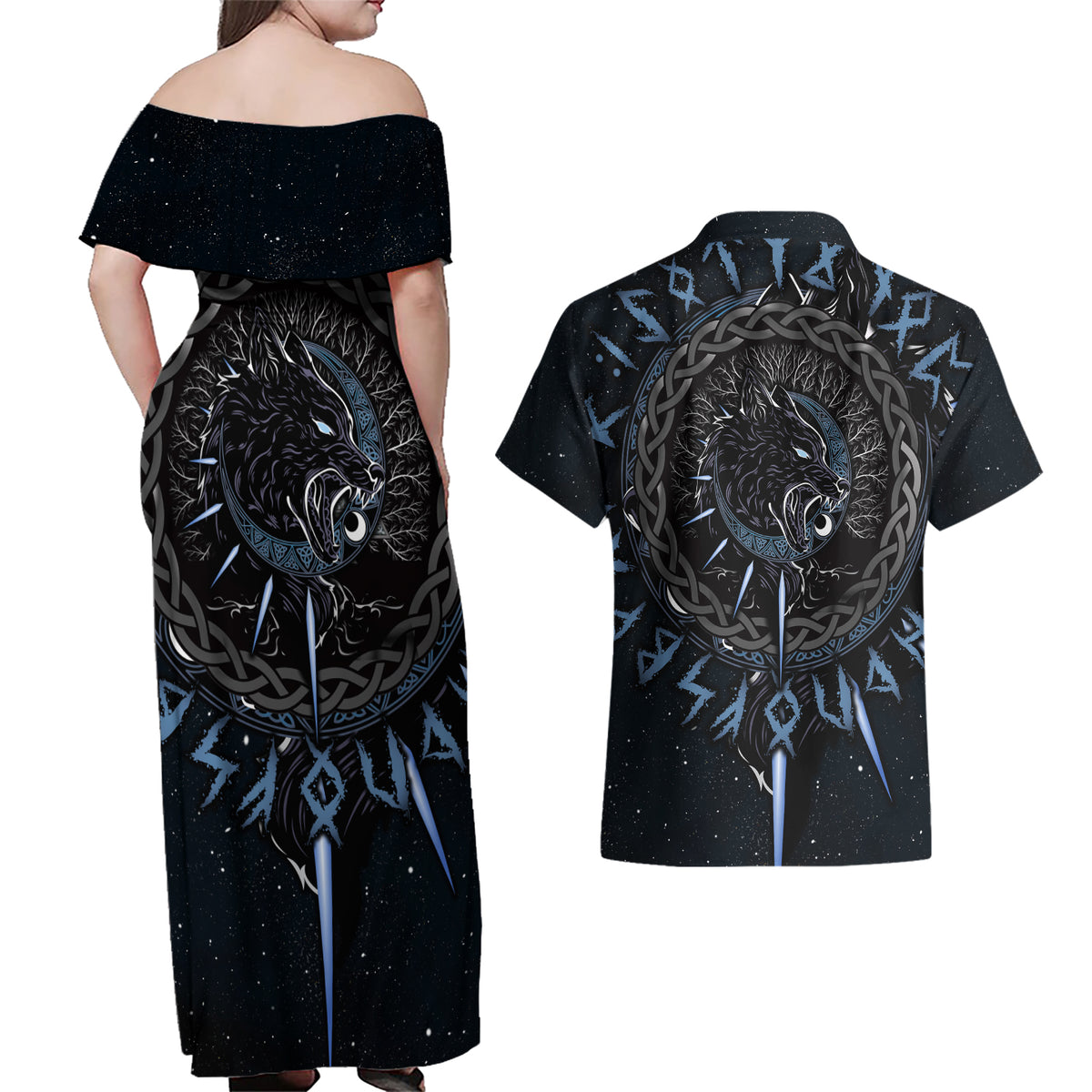 Skoll and Hati Viking Wolfs Couples Matching Off Shoulder Maxi Dress and Hawaiian Shirt - Wonder Print Shop