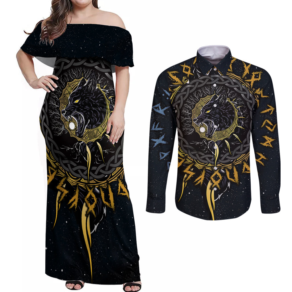 Skoll and Hati Viking Wolfs Couples Matching Off Shoulder Maxi Dress and Long Sleeve Button Shirts - Wonder Print Shop