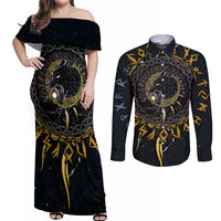 Skoll and Hati Viking Wolfs Couples Matching Off Shoulder Maxi Dress and Long Sleeve Button Shirts - Wonder Print Shop