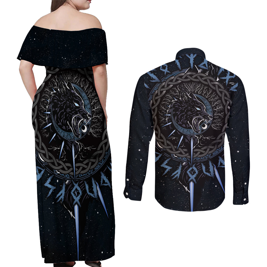 Skoll and Hati Viking Wolfs Couples Matching Off Shoulder Maxi Dress and Long Sleeve Button Shirts - Wonder Print Shop