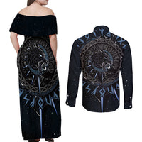 Skoll and Hati Viking Wolfs Couples Matching Off Shoulder Maxi Dress and Long Sleeve Button Shirts - Wonder Print Shop