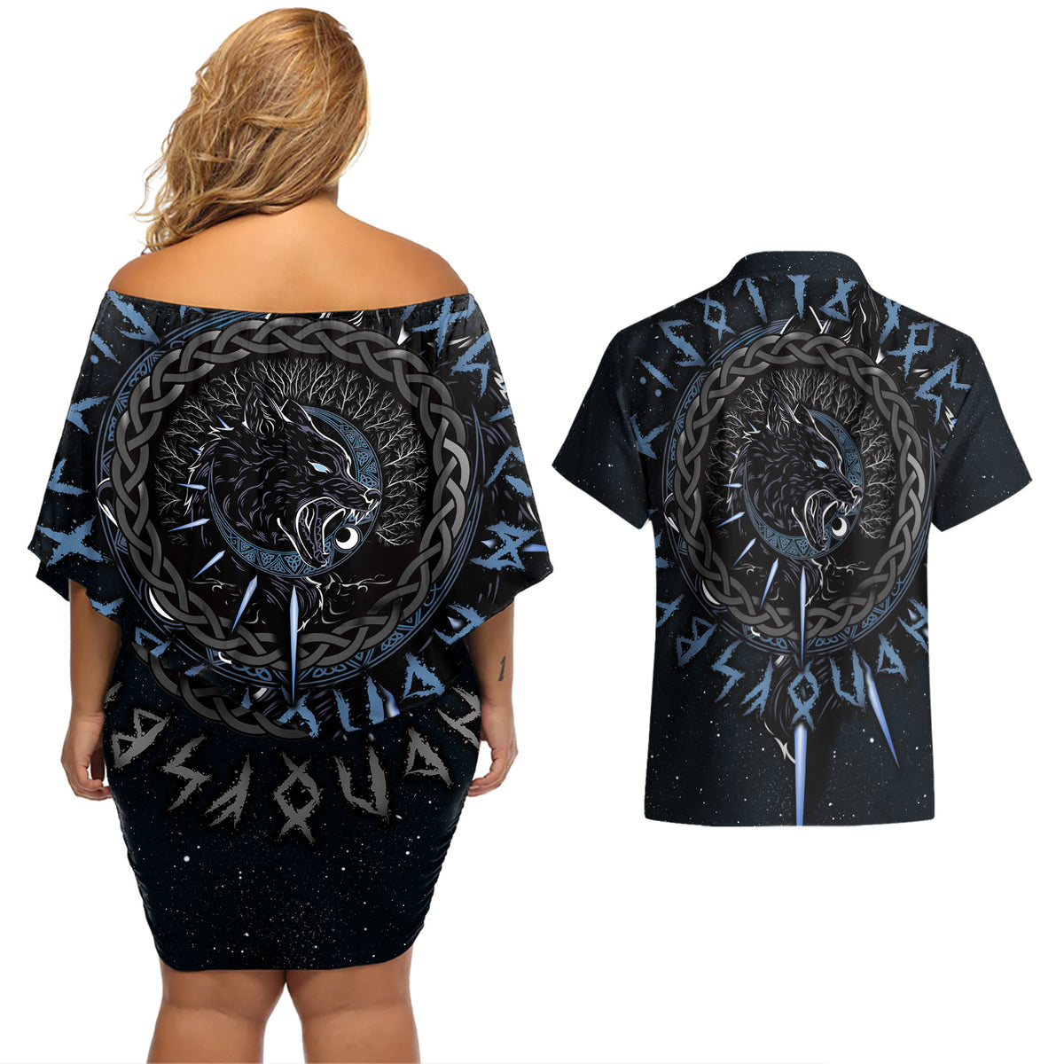 Skoll and Hati Viking Wolfs Couples Matching Off Shoulder Short Dress and Hawaiian Shirt - Wonder Print Shop
