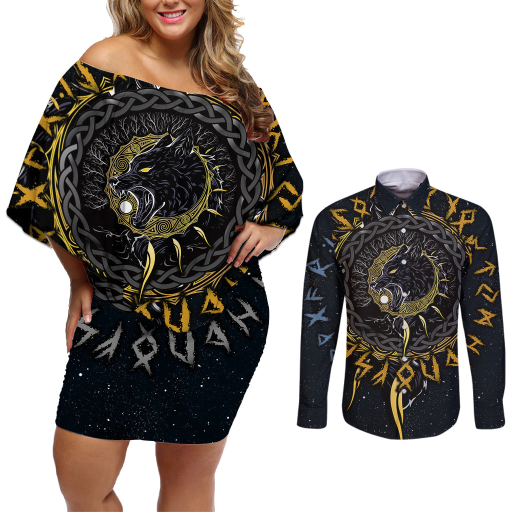 Skoll and Hati Viking Wolfs Couples Matching Off Shoulder Short Dress and Long Sleeve Button Shirts - Wonder Print Shop