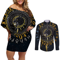 Skoll and Hati Viking Wolfs Couples Matching Off Shoulder Short Dress and Long Sleeve Button Shirts - Wonder Print Shop