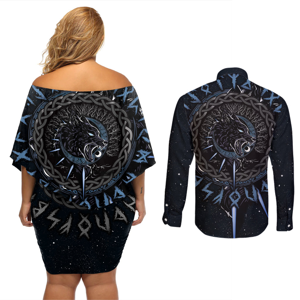 Skoll and Hati Viking Wolfs Couples Matching Off Shoulder Short Dress and Long Sleeve Button Shirts - Wonder Print Shop
