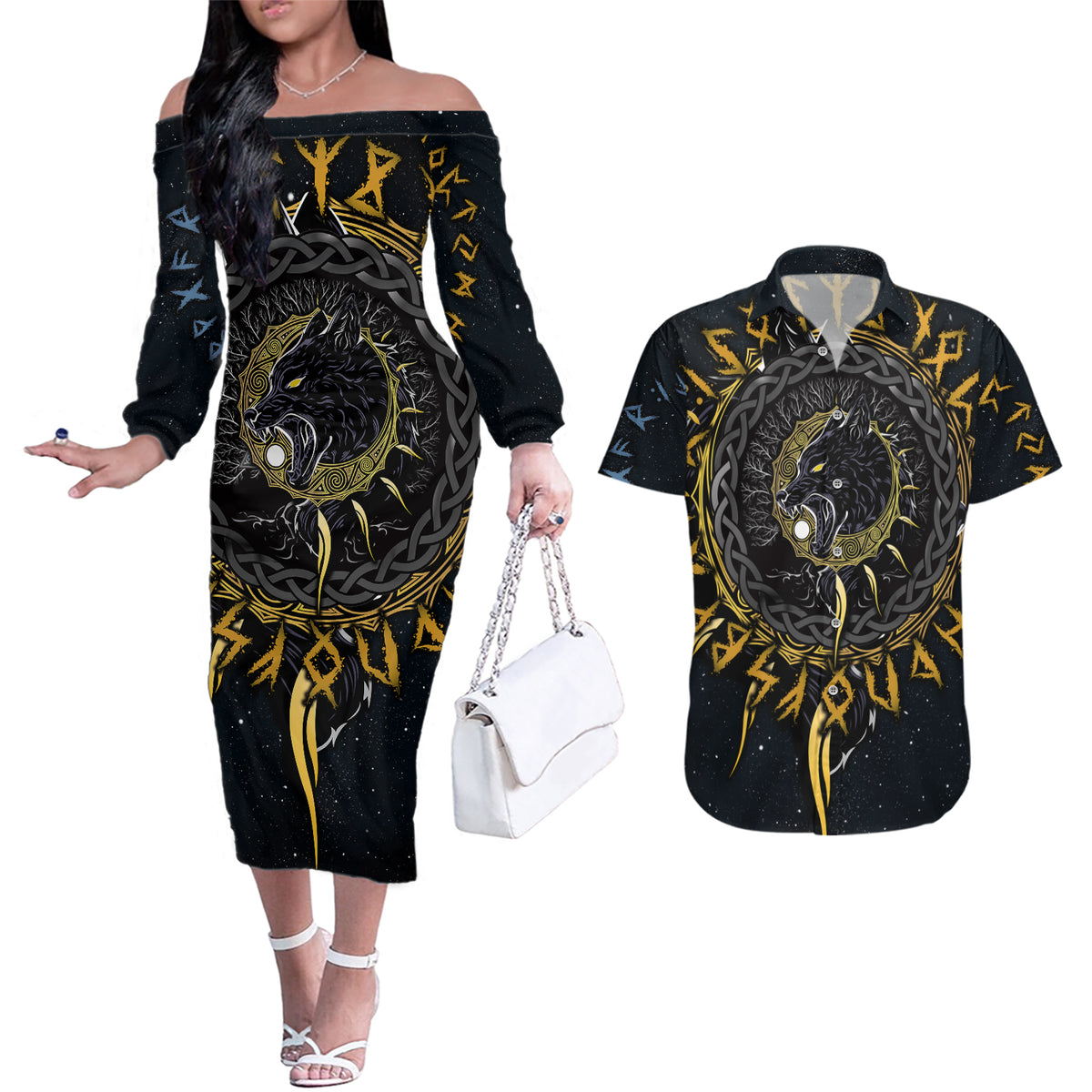Skoll and Hati Viking Wolfs Couples Matching Off The Shoulder Long Sleeve Dress and Hawaiian Shirt - Wonder Print Shop
