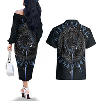Skoll and Hati Viking Wolfs Couples Matching Off The Shoulder Long Sleeve Dress and Hawaiian Shirt - Wonder Print Shop