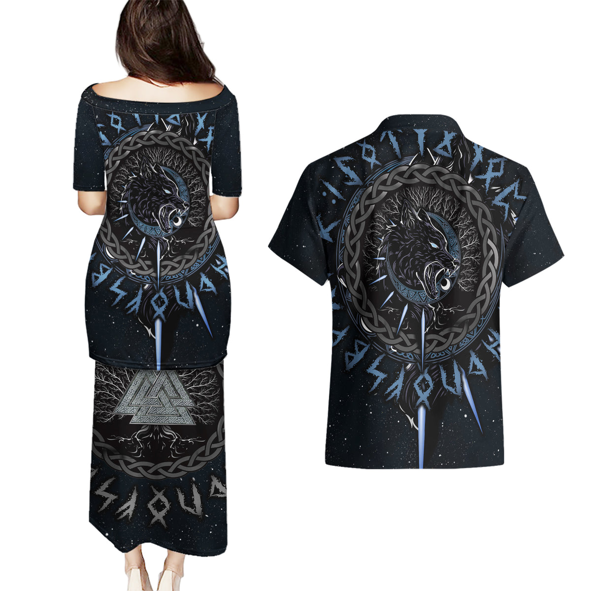 Skoll and Hati Viking Wolfs Couples Matching Puletasi Dress and Hawaiian Shirt - Wonder Print Shop